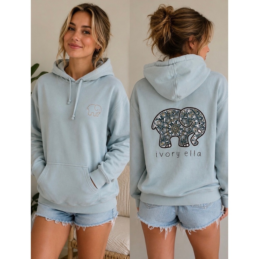 Ivory Ella Hoodie Women Small Light Blue Organic Cotton Mandala Elephant Graphic
